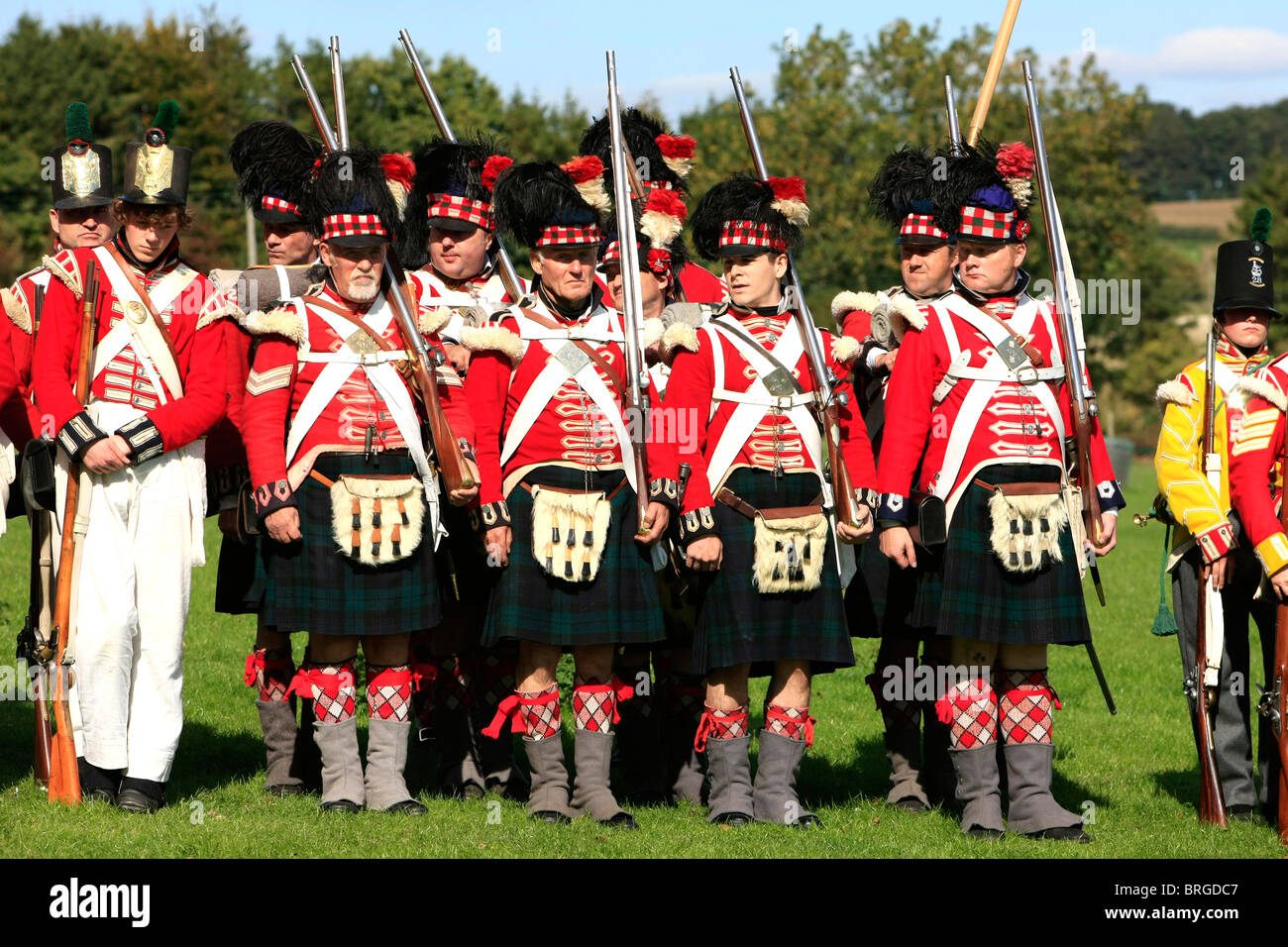 Men of the Scots Guards Regiment at a recreation of the Battle of Waterloo in 1815 Stock Photo