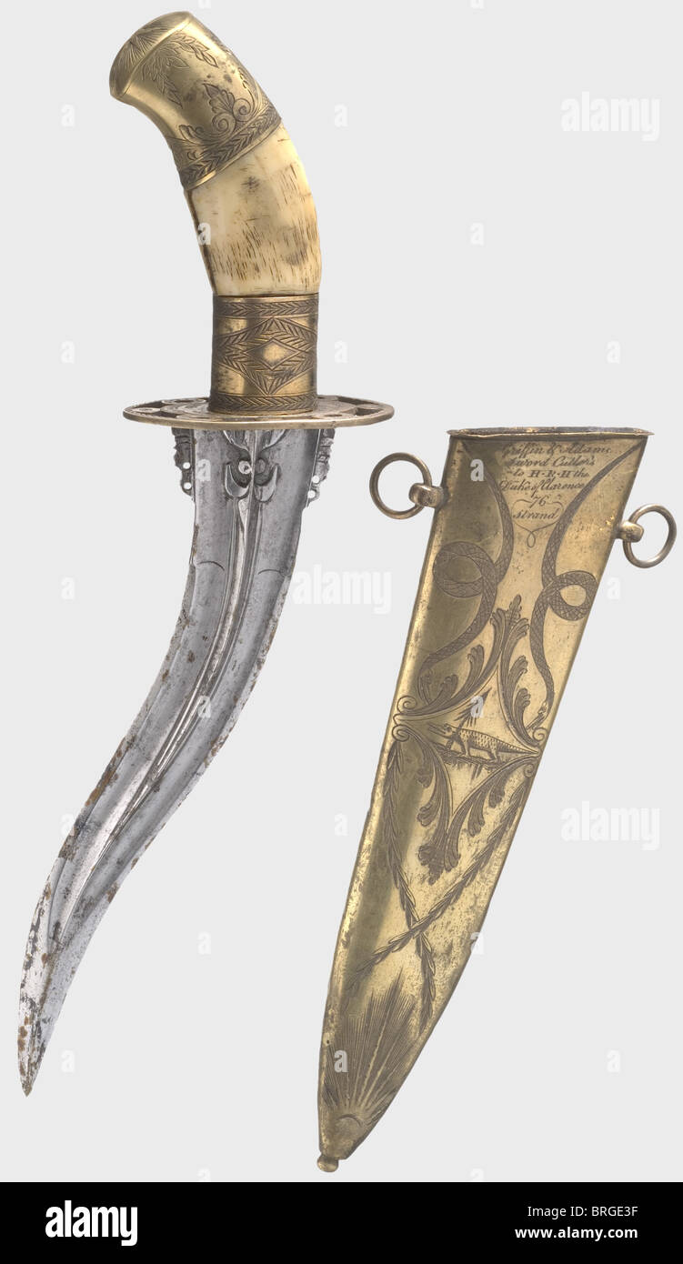 A dagger for a colonial official,Great Britain,circa 1810/20 Richly cut,high quality steel,Indian Khandsharli blade. Engraved,gold-plated hilt with bone grip,and openwork guard plate. A standing crocodile on the lower grip fitting,and a sun on the pommel. Gilded scabbard,engraved with seas serpents and a dolphin,and bearing both the maker's inscription,'Griffin & Adams Sword Cutlers to H.R.H. the Duke of Clarence - 76 Strand',and a standing crocodile next to a palm tree on the reverse side. The locket is missing. Length 26 cm. Griffin & Adams,goldsm,Additional-Rights-Clearences-Not Available Stock Photo