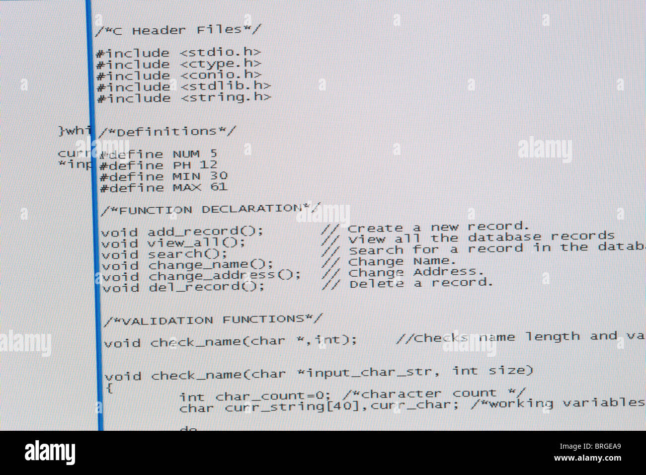 screenshot of a program written in the C computer programing language Stock Photo