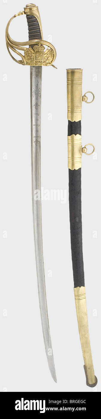 A french model 1814 sabre of the Gardes du Corps du Roi,1st model,Restauration period Slightly curved blade à la Montmorency.'Gardes du Corps du Roi' between Bourbon lilies and martial trophies etched on the obverse side,and a crowned coat of arms between sun and trophies on the reverse side.At the back manufactury's name 'Klingenthal'.Gilded brass hilt,the shield-shaped knuckle guard with the Bourbon coat of arms,the guard plate with 'Versailles' and inspection marks underneath.Sharkskin grip cover with silver wire winding.Leather scabbard with fully,Additional-Rights-Clearences-Not Available Stock Photo