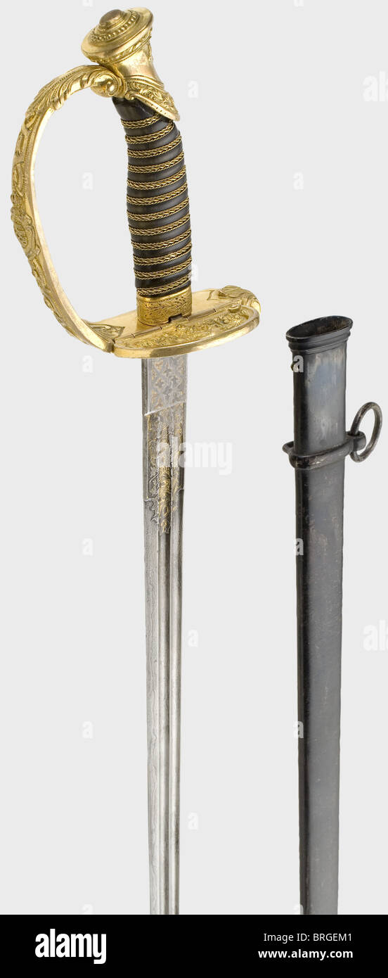 A model 1867 officer's sword of the Saxon infantry,in special version Straight single-edged Damascus blade with double fullers,partly etched and gilt(somewhat worn)with 'Eisenhauer' on the obverse,and 'Damaststahl' on the reverse side. Gilded brass hilt with fine decoration in relief. The folding guard plate and knucklebow bears the Saxon coat of arms. Horn grip with gilded wire winding. Lacquered iron scabbard with one movable suspension ring and riding loop. Length 103 cm.,historic,historical,19th century,Saxony,Saxonia,Saxonian,German,Germany,m,Additional-Rights-Clearences-Not Available Stock Photo