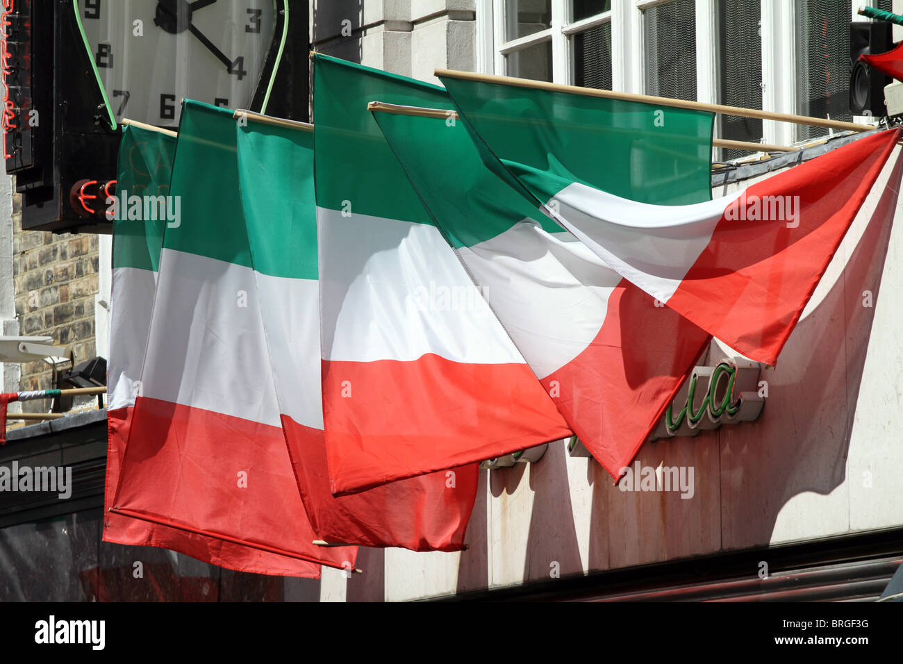 Italian Flags Outside Italian Restaurant In Soho London England