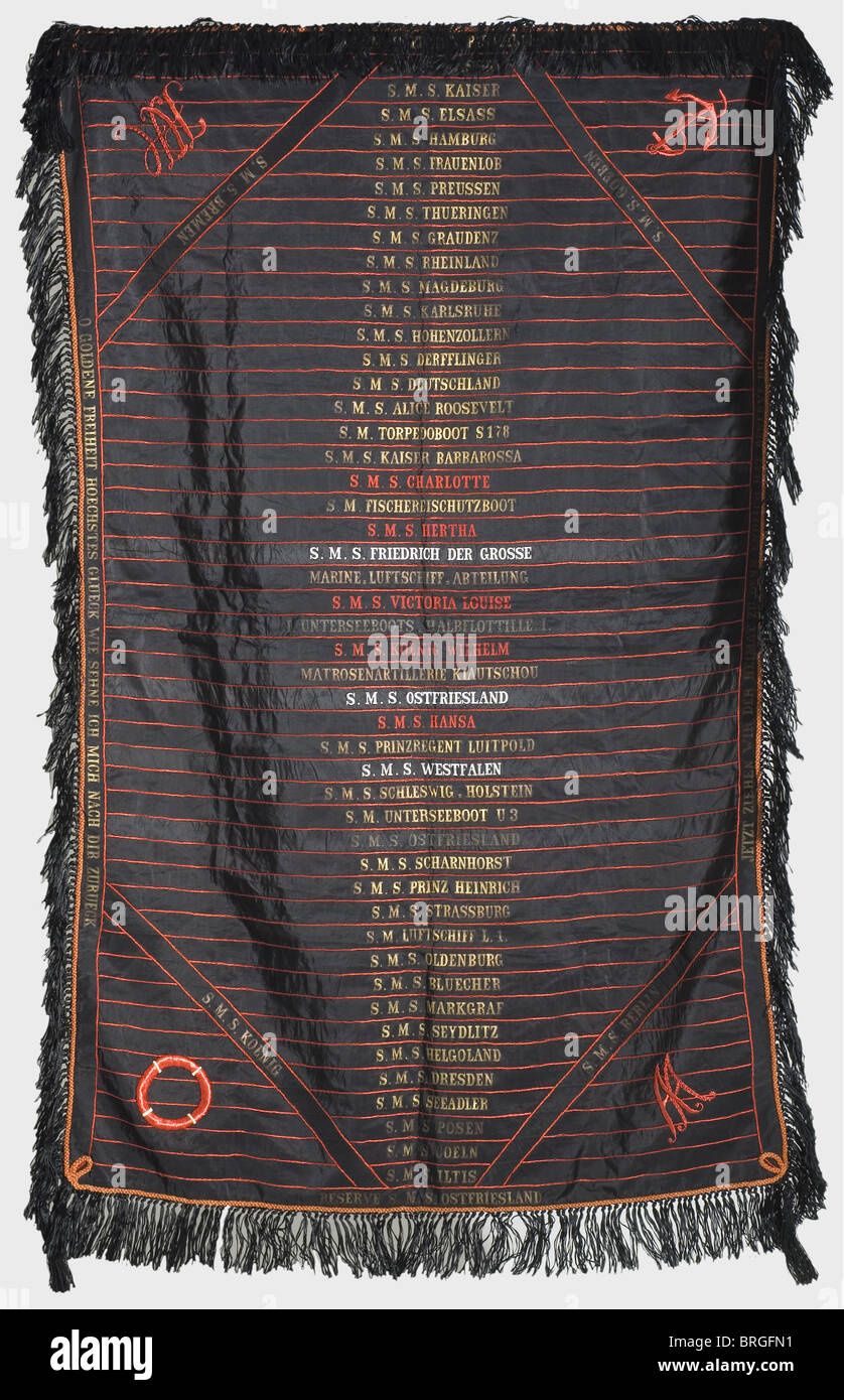 A reservist's tapestry,made of more than 50 cap bands The bands are arranged horizontally(one is placed at an angle over the rest),sewn together with a red chain stitch and embroidered with monograms and maritime motifs. Edged with red piping and black fringe. There are 47 gold-woven bands,for example: 'S.M.S. Alice Roosevelt',S.M. Fischereischutzboot',(Fisheries Protection Boat),'Marine-Luftschiff-Abteilung'(Naval Airship Detachment),'Matrosenartillerie Kiautschou'(Marine Artillery,Kiao Chau)S.M. Unterseeboot U 3'(H.M. Submarine U3),'S.M. Luftsch,Additional-Rights-Clearences-Not Available Stock Photo