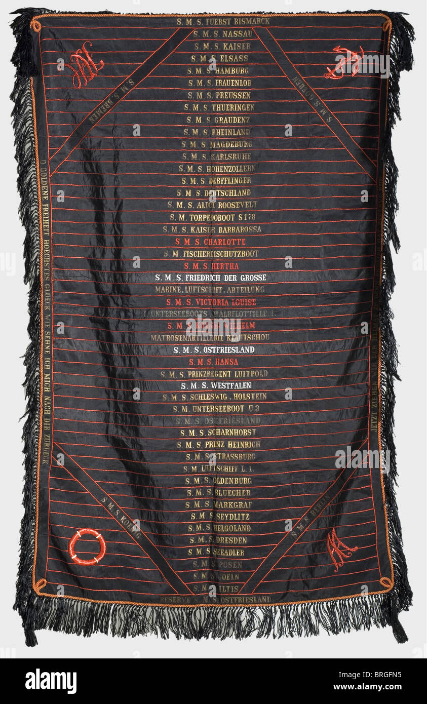 A reservist's tapestry,made of more than 50 cap bands The bands are arranged horizontally(one is placed at an angle over the rest),sewn together with a red chain stitch and embroidered with monograms and maritime motifs. Edged with red piping and black fringe. There are 47 gold-woven bands,for example: 'S.M.S. Alice Roosevelt',S.M. Fischereischutzboot',(Fisheries Protection Boat),'Marine-Luftschiff-Abteilung'(Naval Airship Detachment),'Matrosenartillerie Kiautschou'(Marine Artillery,Kiao Chau)S.M. Unterseeboot U 3'(H.M. Submarine U3),'S.M. Luftsch,Additional-Rights-Clearences-Not Available Stock Photo