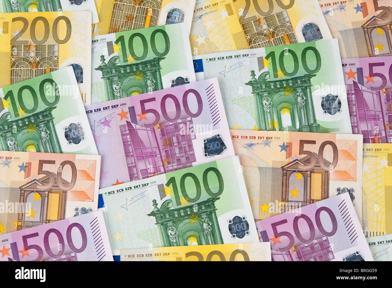Many Euro banknotes of the European Union. Stock Photo