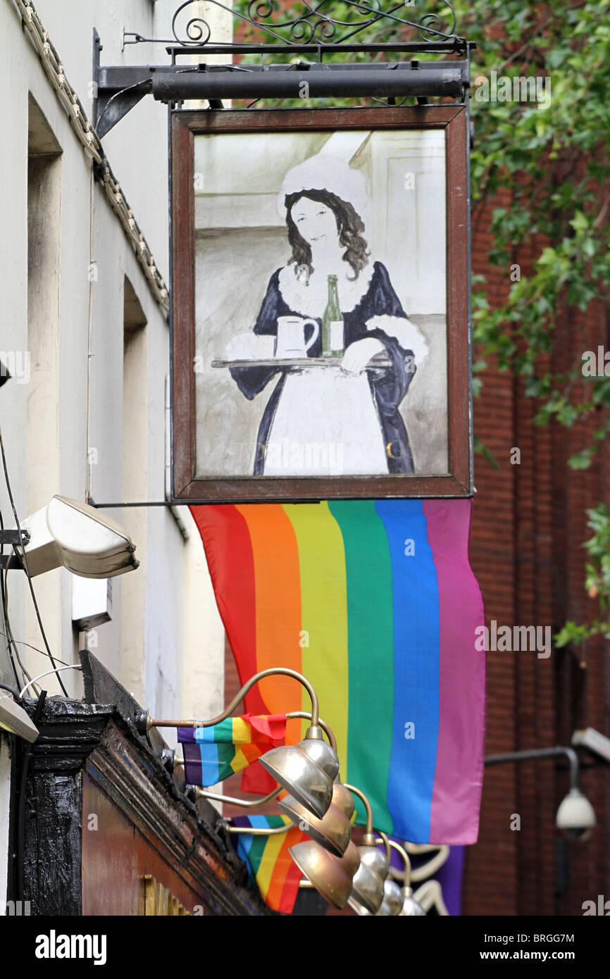 Molly Moggs gay pub with rainbow flag in Old Compton Street in Soho, London, England Stock Photo
