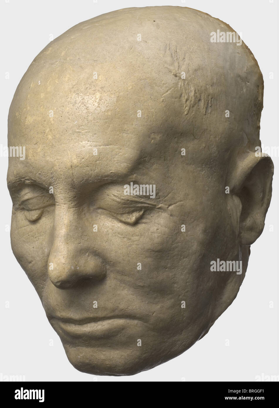 Field Marshal Erwin Rommel (1891 - 1944), death mask Plaster cast, very finely modelled, coated with protective lacquer, on verso incorporated wire for hanging. In custom-made wood shrine with openable doors and velvet lining. From the estate of a former fellow officer of Rommel, who served with the 'Desert Fox' in WW I and commissio people, 1930s, 20th century, Africa, African, corps, branch of service, branches of service, armed service, object, objects, clipping, cut out, cut-out, cut-outs, military, militaria, mask, masks, mask, masks, man, men, male, Stock Photo