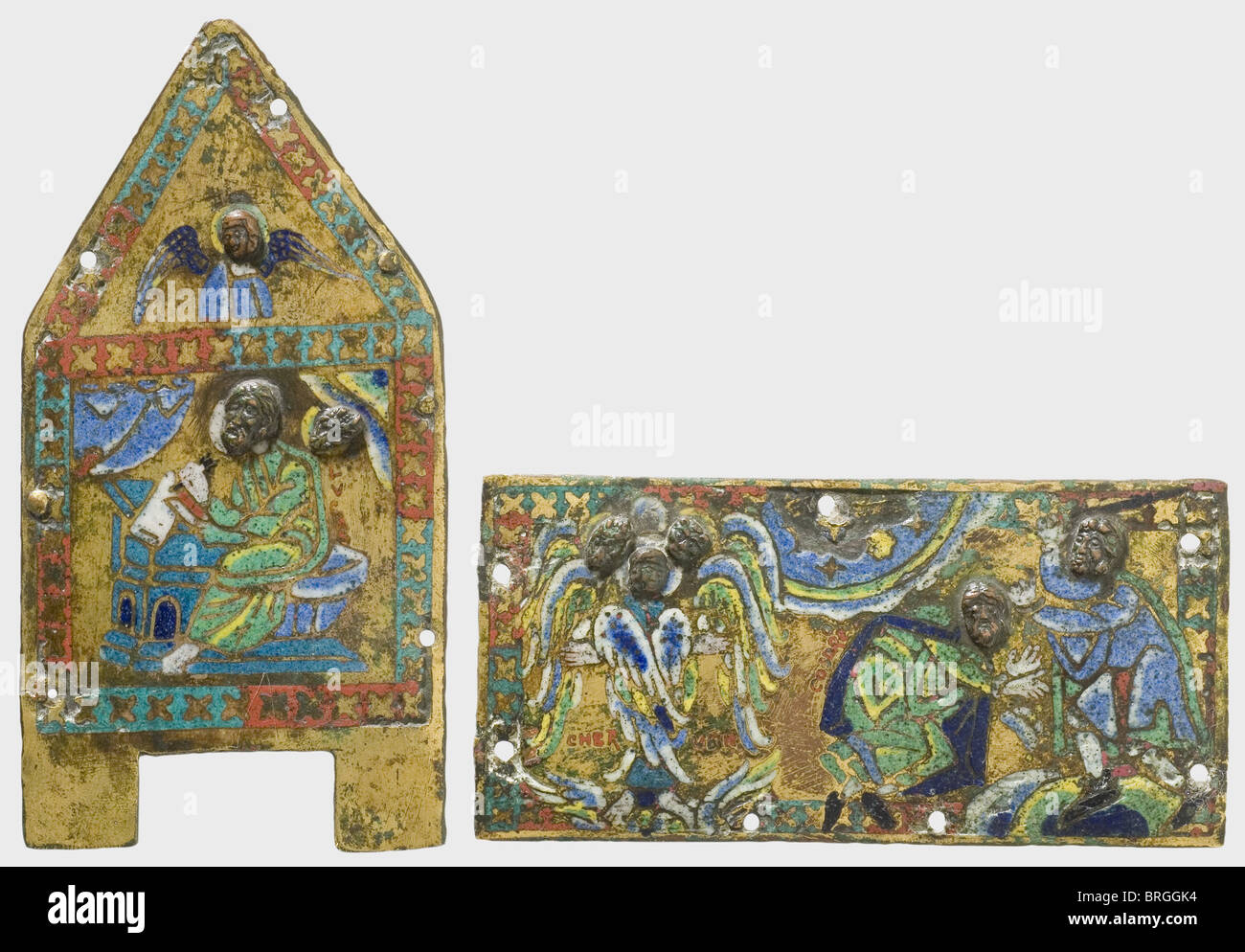 Fragments of an enamelled French gabled casket,presumably Limoges,12th/13th century Side plate and a lid panel from a fire-gilded bronze gabled casket.On the front religious scenes made of multi-coloured cloisonné-enamel inlays.Each bears copper heads in half relief.A cherub is shown stopping an execution in the right corner of the lid piece.The sidepiece has a depiction of the Evangelist Luke at a writing desk with angels above him.The enamel inlays are incomplete in places.Dimensions 7 x 15 and 16.5 x 8.5 cm.,historic,historical,13th century,12th ,Additional-Rights-Clearences-Not Available Stock Photo