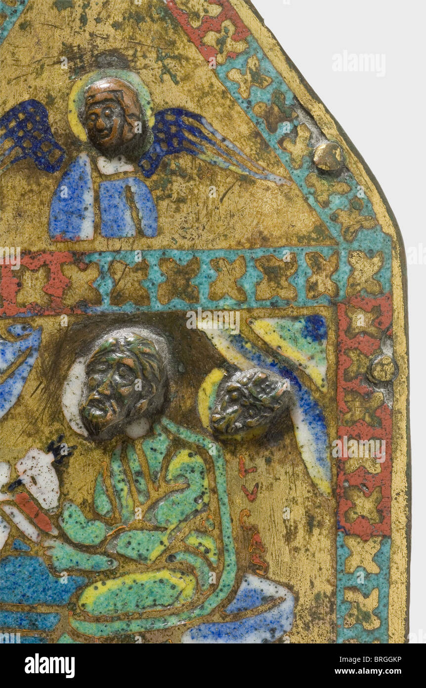 Fragments of an enamelled French gabled casket,presumably Limoges,12th/13th century Side plate and a lid panel from a fire-gilded bronze gabled casket.On the front religious scenes made of multi-coloured cloisonné-enamel inlays.Each bears copper heads in half relief.A cherub is shown stopping an execution in the right corner of the lid piece.The sidepiece has a depiction of the Evangelist Luke at a writing desk with angels above him.The enamel inlays are incomplete in places.Dimensions 7 x 15 and 16.5 x 8.5 cm.,historic,historical,13th century,12th ,Additional-Rights-Clearences-Not Available Stock Photo