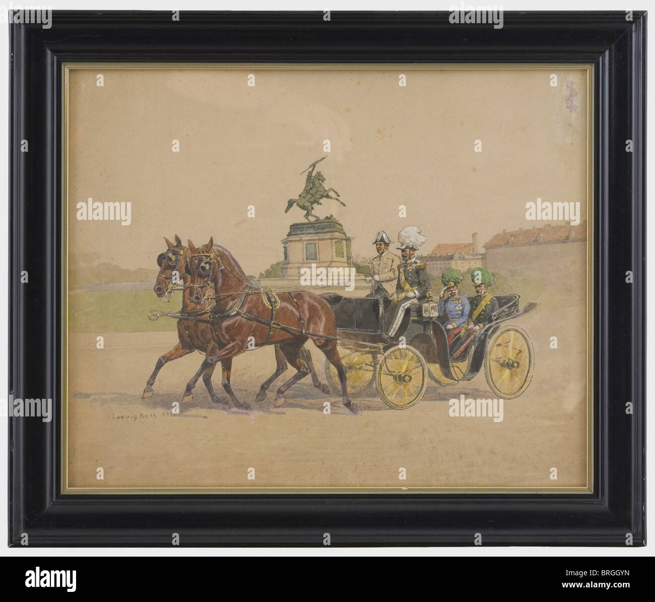 Ludwig Koch(1866 - 1934),Kaiser Franz Joseph I riding in a coach drawn by two horses at the Heldenplatz Gouache on paper. Extremely well executed painting,the Kaiser with his adjutant,greeting in the direction of the spectator,the coach passing the Archduke Karl Monument at the Heldenplatz in front of the Hofburg. Signed and dated on lower left 'Ludwig Koch 1914',slightly damaged on upper right. Under glass,in newer,black lacquered frame. 45 x 53,5 cm. Ludwig Koch,Viennese painter and sculptor,became internationally known especially for his excellent ,Additional-Rights-Clearences-Not Available Stock Photo