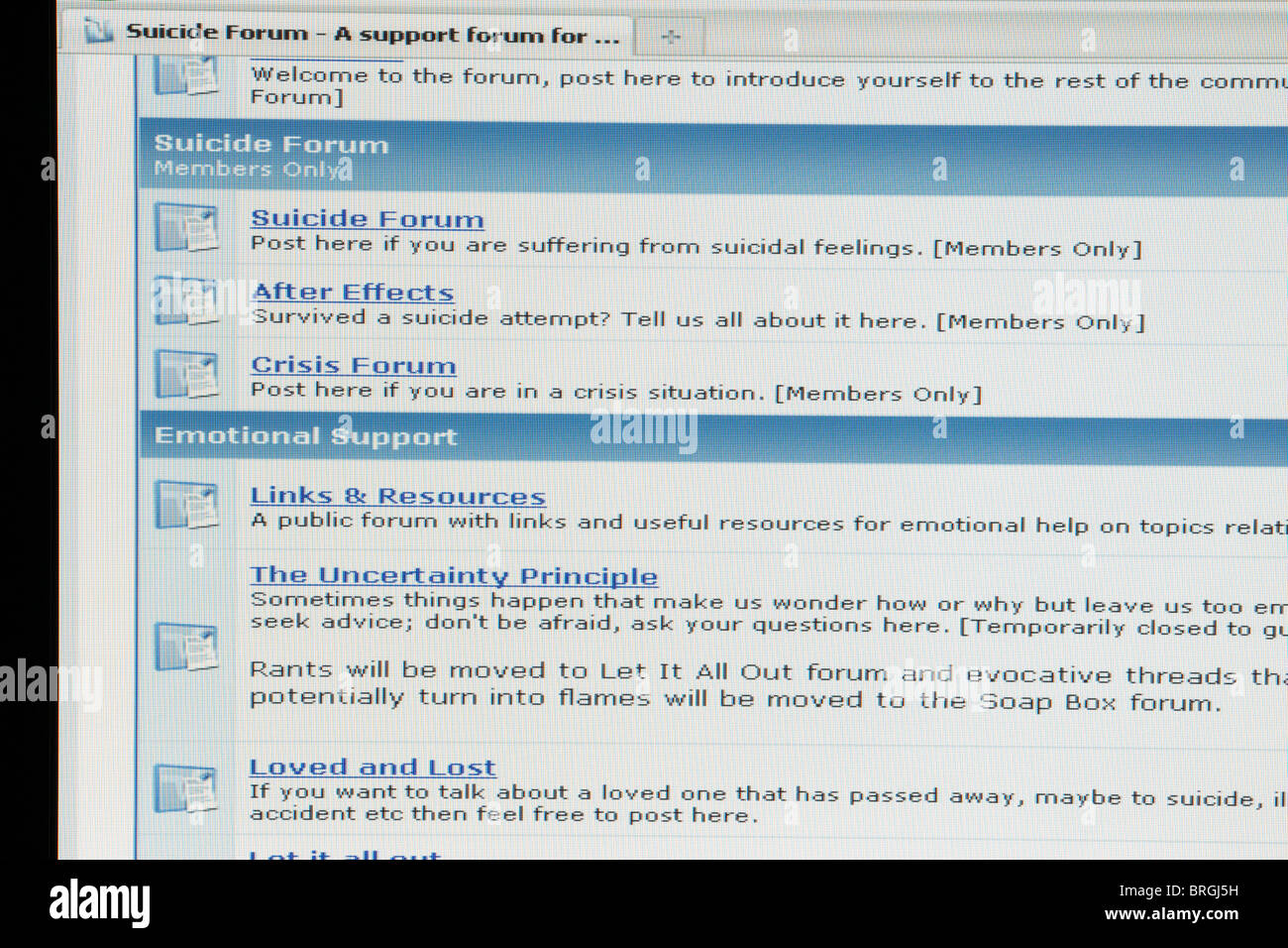 website screen shot of suicide internet forum Stock Photo