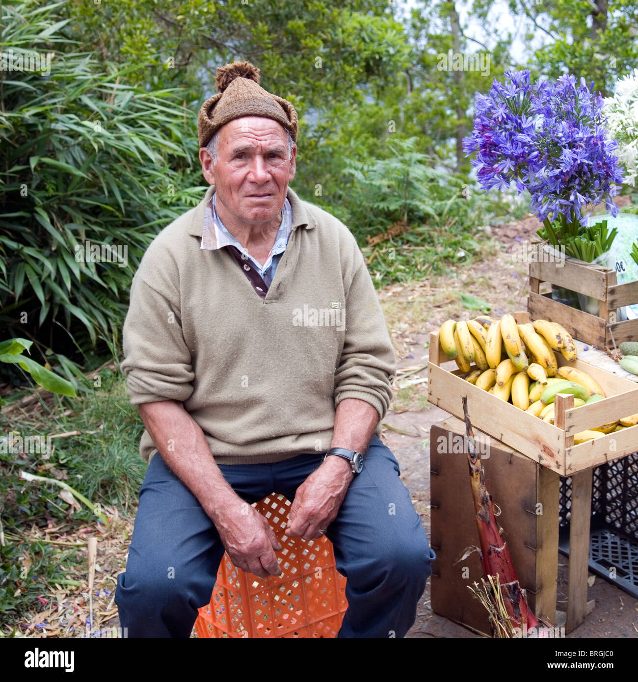 Elderly Local Vendor on Portela Pass in Madeira selling flowers and fruit Stock Photo