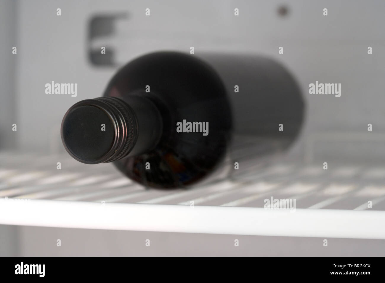 bottle of red wine chilling before serving in a fridge Stock Photo