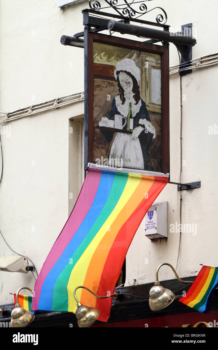 Molly Moggs gay pub with rainbow flag in Old Compton Street in Soho, London, England Stock Photo