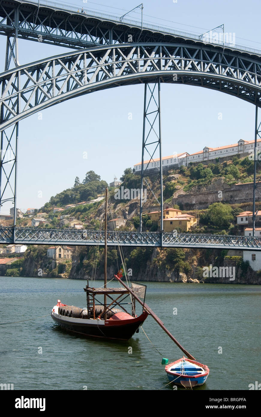 Barco Rabelo boat over Douro River in Porto, Portugal. Stock Photo