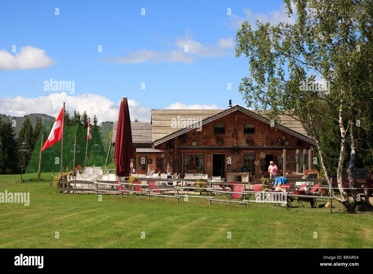 Le Vaffieu restaurant above Morzine in the French alps in summer surrounded by a golf course Stock Photo