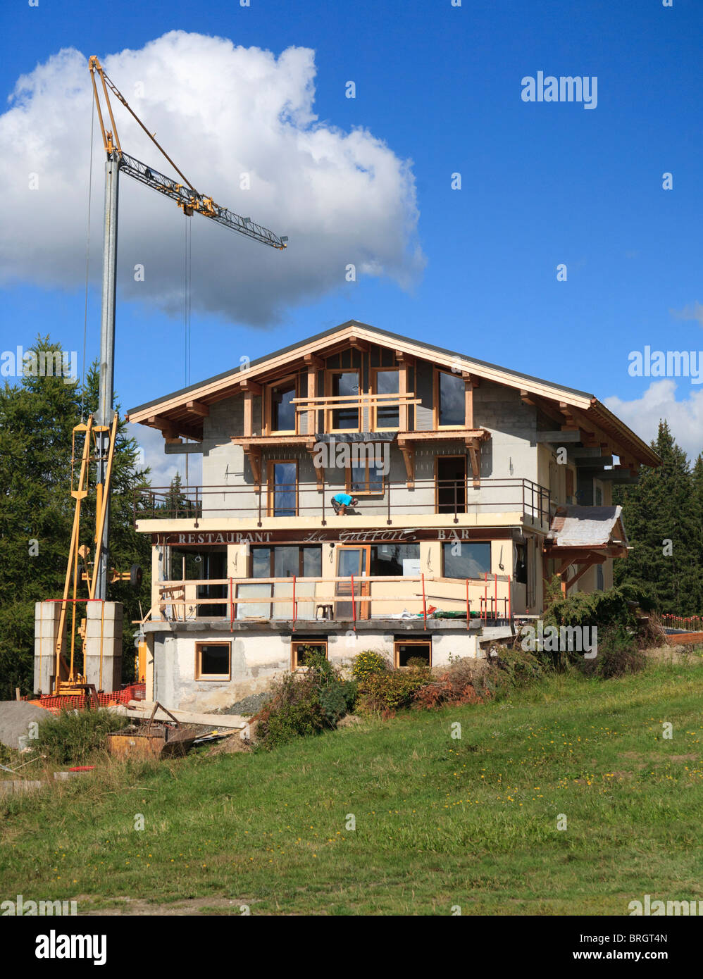 New construction work on Alpine restaurant near Morzine Stock Photo