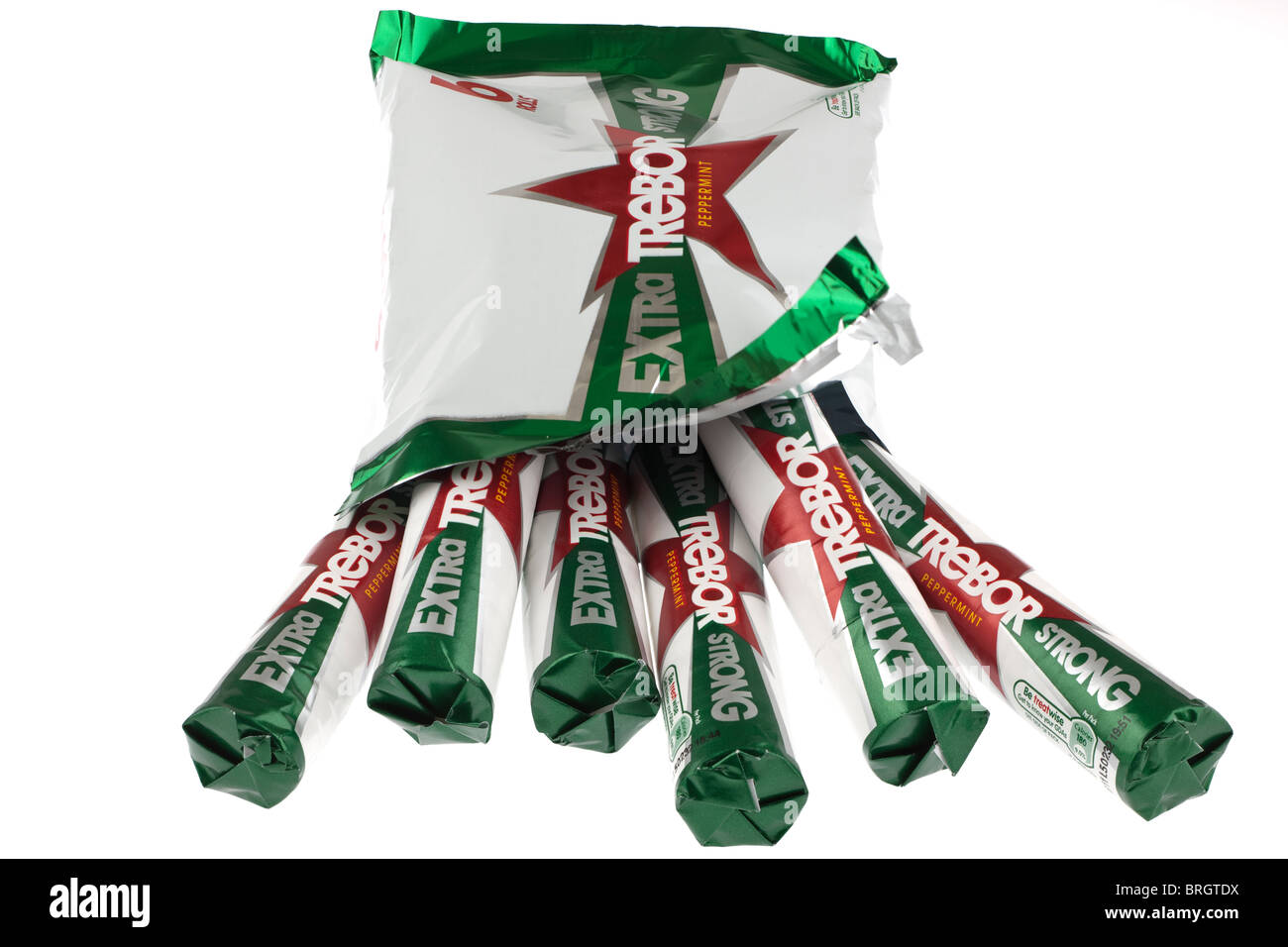 Packet containin 6 rolls of extra strong Trebor peppermint mint sweets Stock Photo