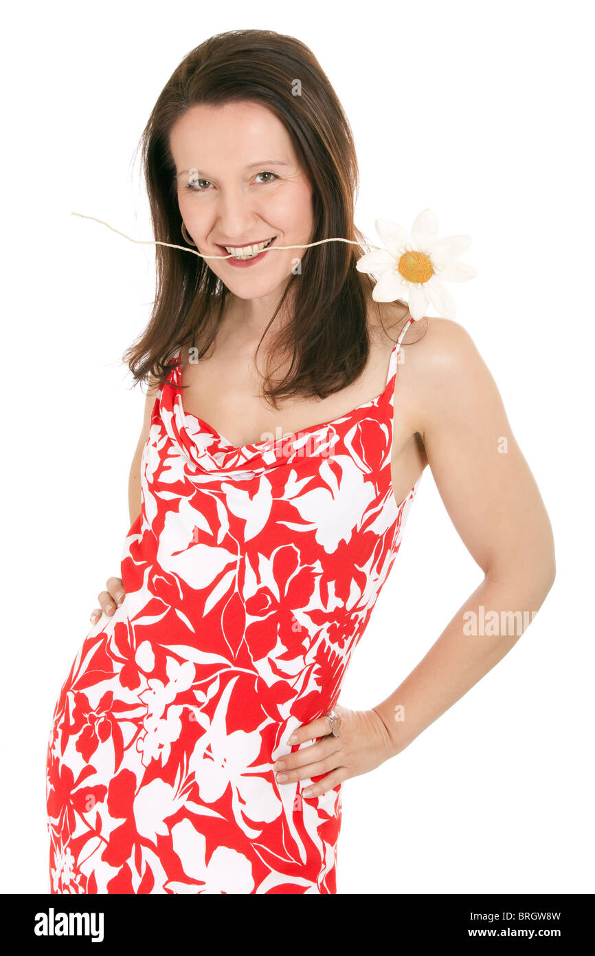 Cute Woman Biting Artificial Daisy Isolated On White Stock Photo Alamy