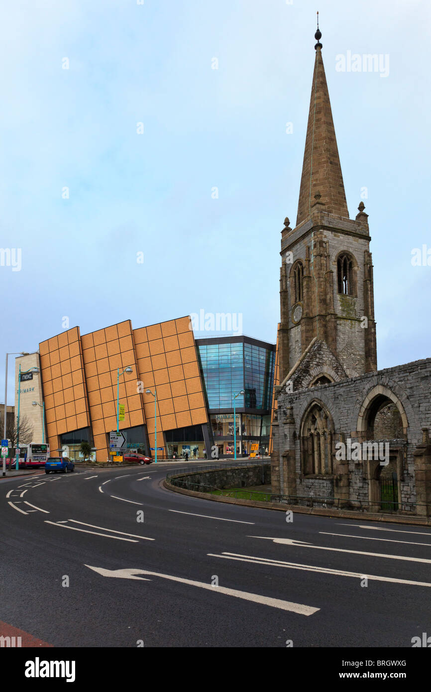 Primark building juxtaposed with the bombed Charles Church in Plymouth