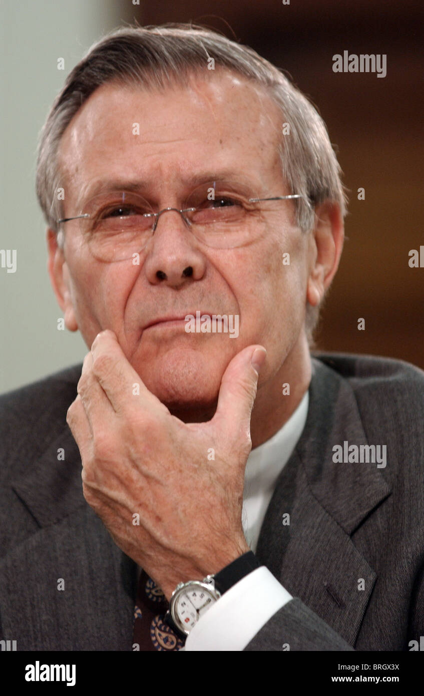 Defense Secretary Donald Rumsfeld testifies at a  House Appropriations Committee Subcommittee hearing on defense. Stock Photo
