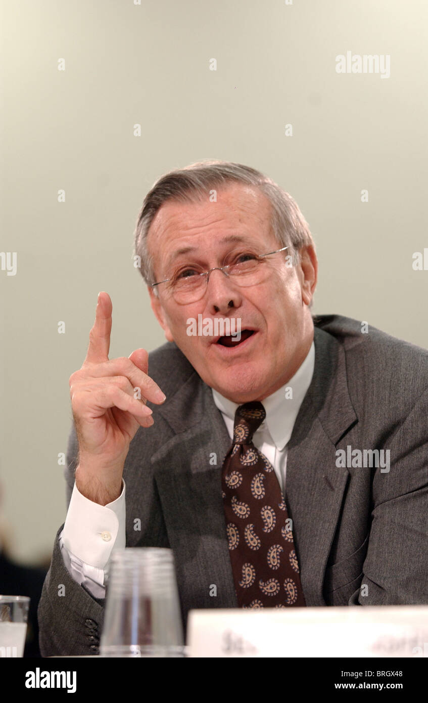 Defense Secretary Donald Rumsfeld testifies at a  House Appropriations Committee Subcommittee hearing on defense. Stock Photo