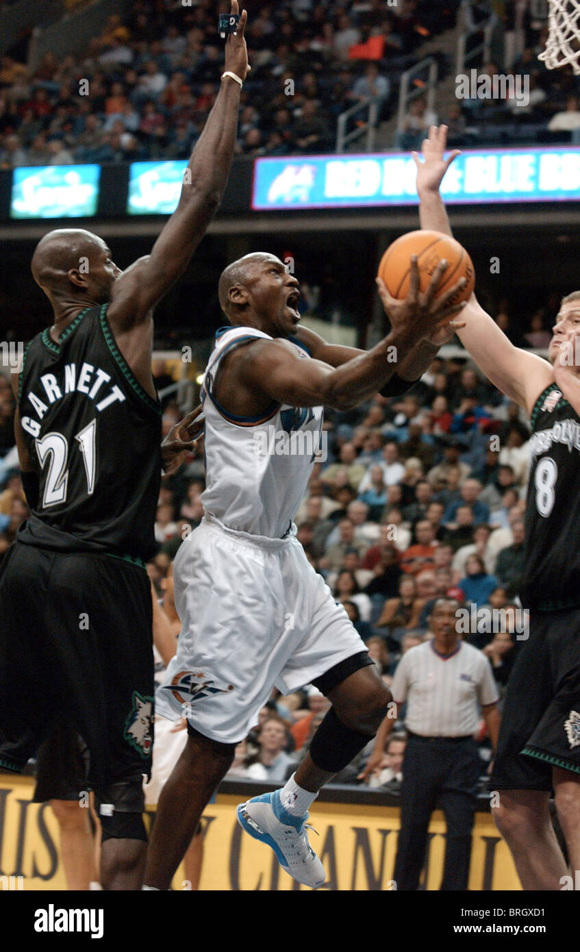 Washington Wizards' Michael Jordan drives for the basket. Stock Photo