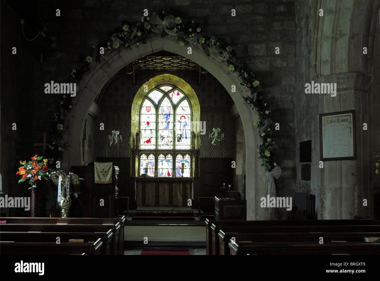 Internal features and artefact which relate to St Bartholemews Church in Moreton Corbet, Shropshire, England. Stock Photo