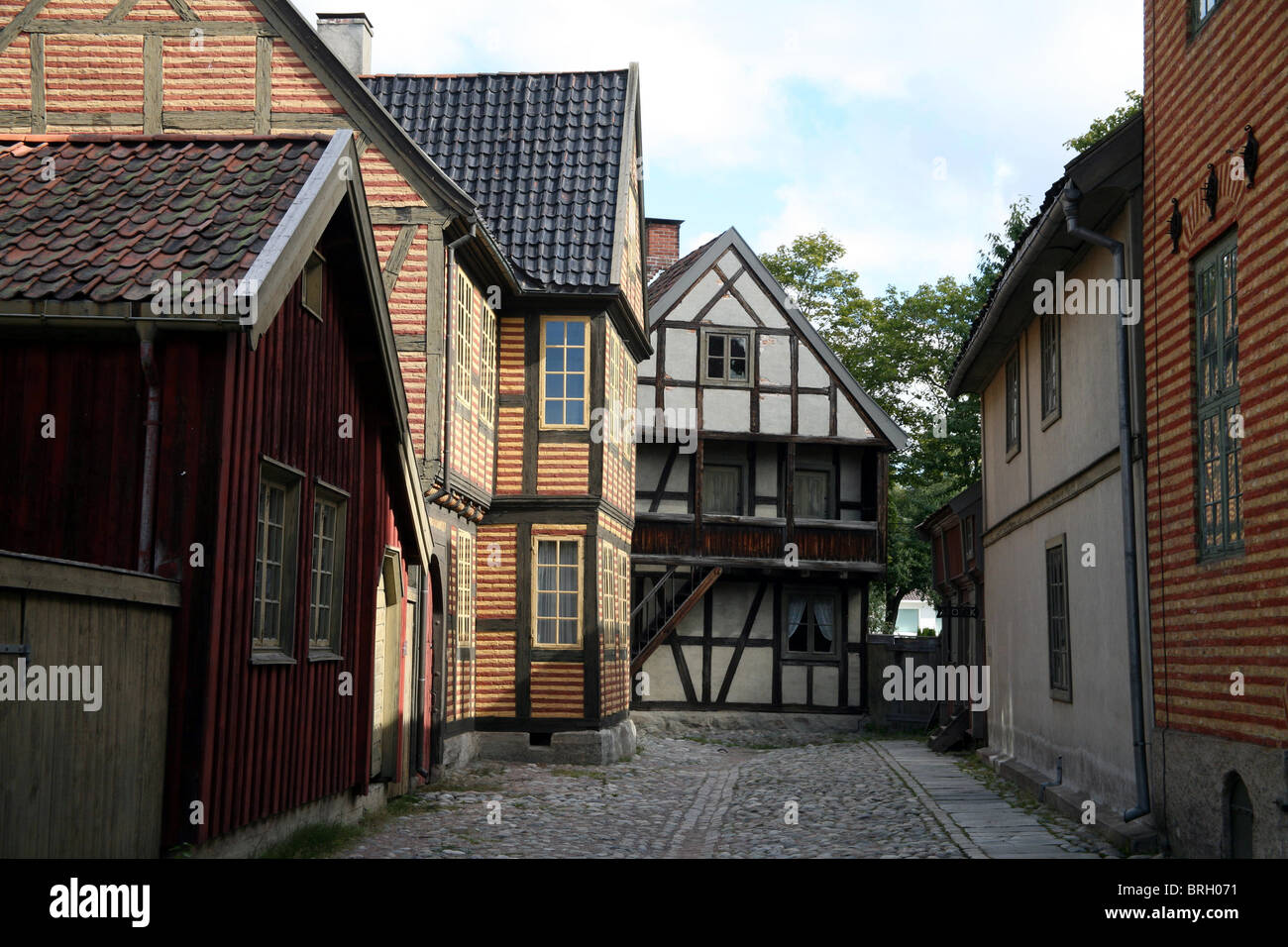 Open air museum in Oslo, Bygdoy folks museum with traditional wooden houses Stock Photo