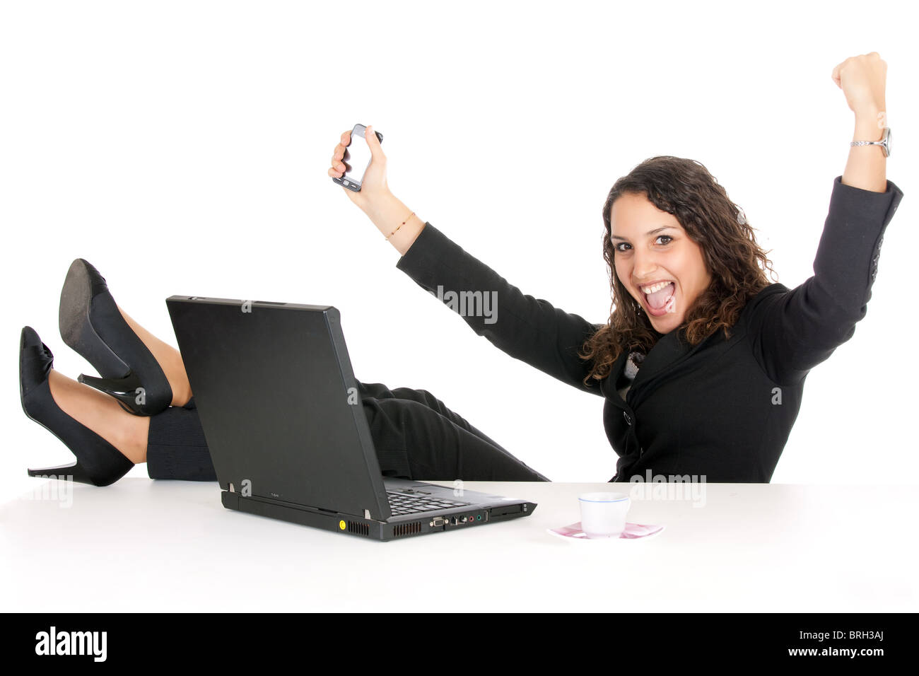 excited young business woman in office having success Stock Photo