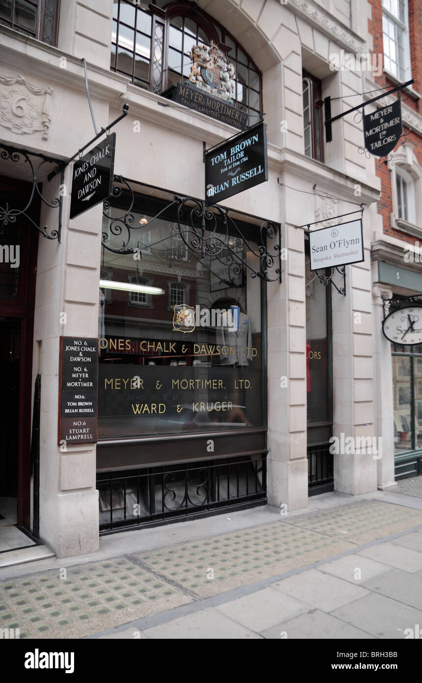 The shop front of the Meyer & Mortimer Savile Row tailors on Sackville Street, London, UK. Stock Photo