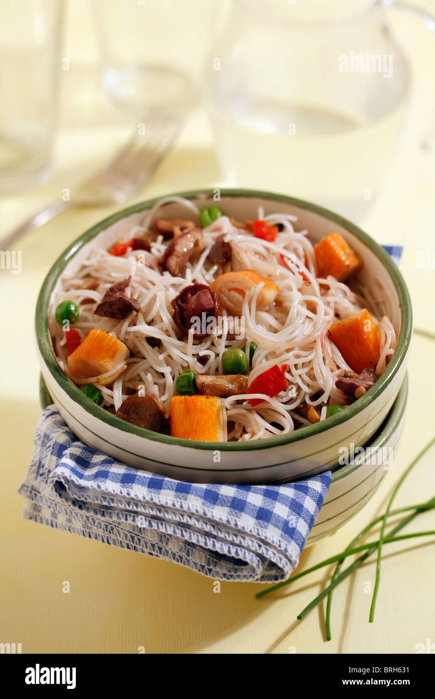 Rice noodles with crab and mushrooms. Recipe available Stock Photo Alamy