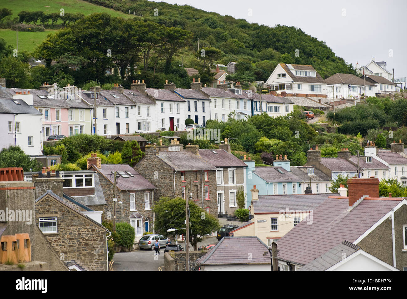 Terraced cottages on hillside overlooking the Welsh seaside holiday
