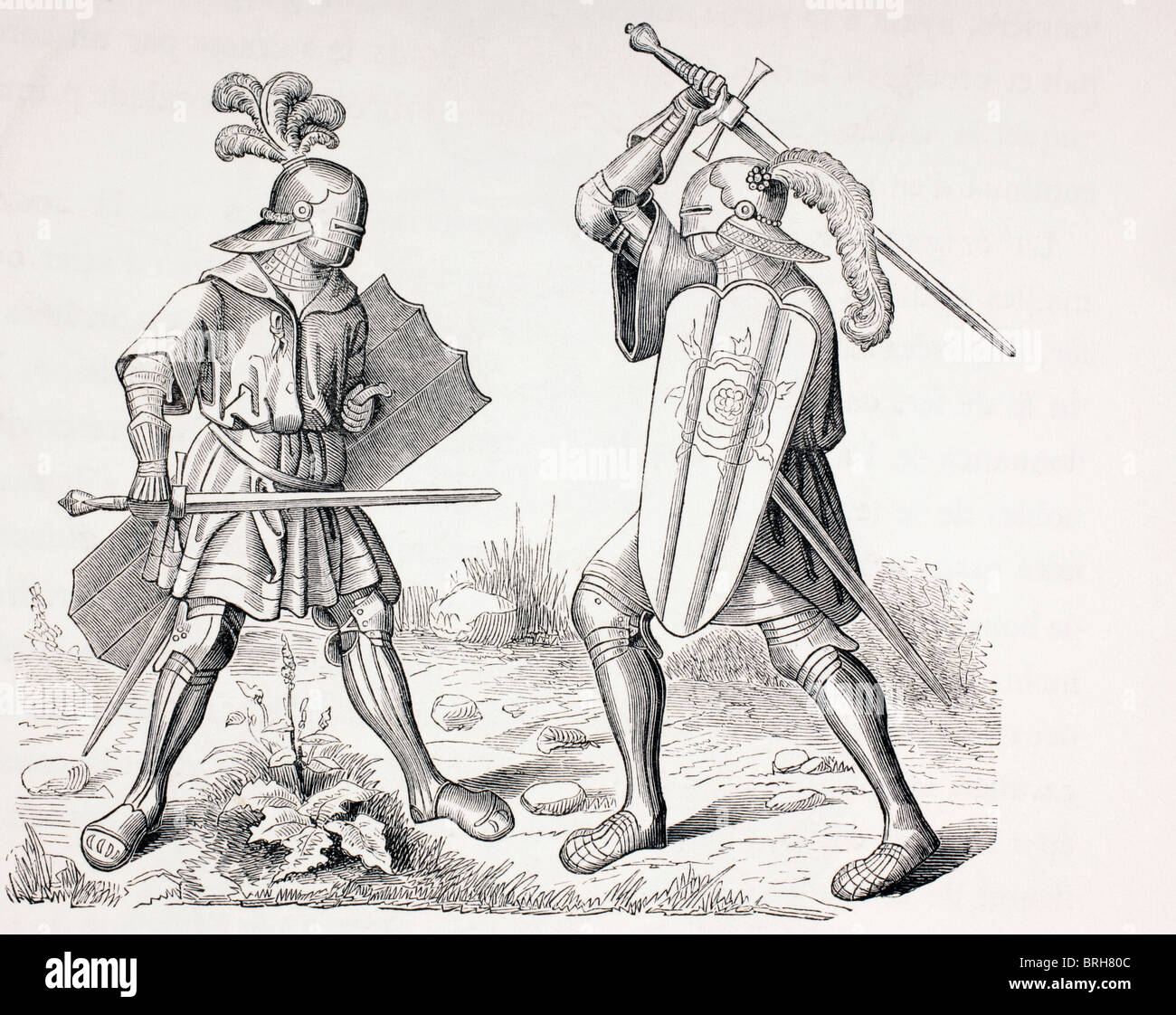 Two 15th century fully armoured knights fighting with swords and shields. Stock Photo