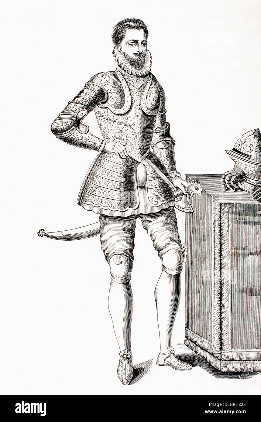 Francis, Duke of Anjou and Alençon, 1555 – 1584, dressed in 16th century damascene armour. Stock Photo