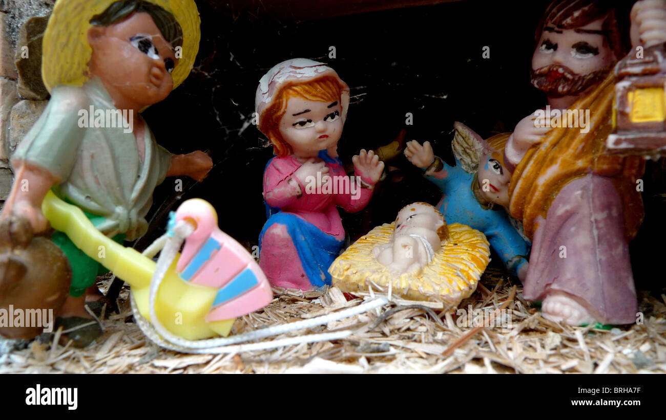 nativity scene with plastic figures , Rasquera , Spain. Stock Photo