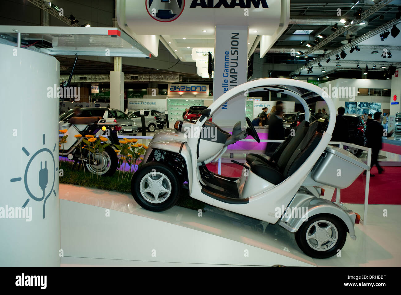 Paris, France, Paris Car Show, Electric Cars, Charged By Solar Energy, Matra Corp. Flow-R Green Cars WIthout Drivers license, green Tech Stock Photo