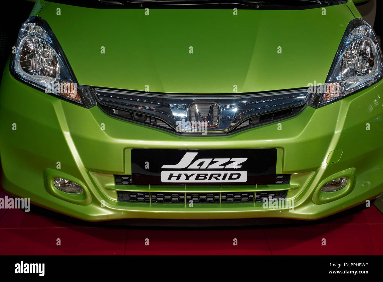 Pa-ris, France, Car Show, Electric Car, Honda Jazz, Hybrid Engine, Detail Front Grill, display, showroom, logo, front Stock Photo