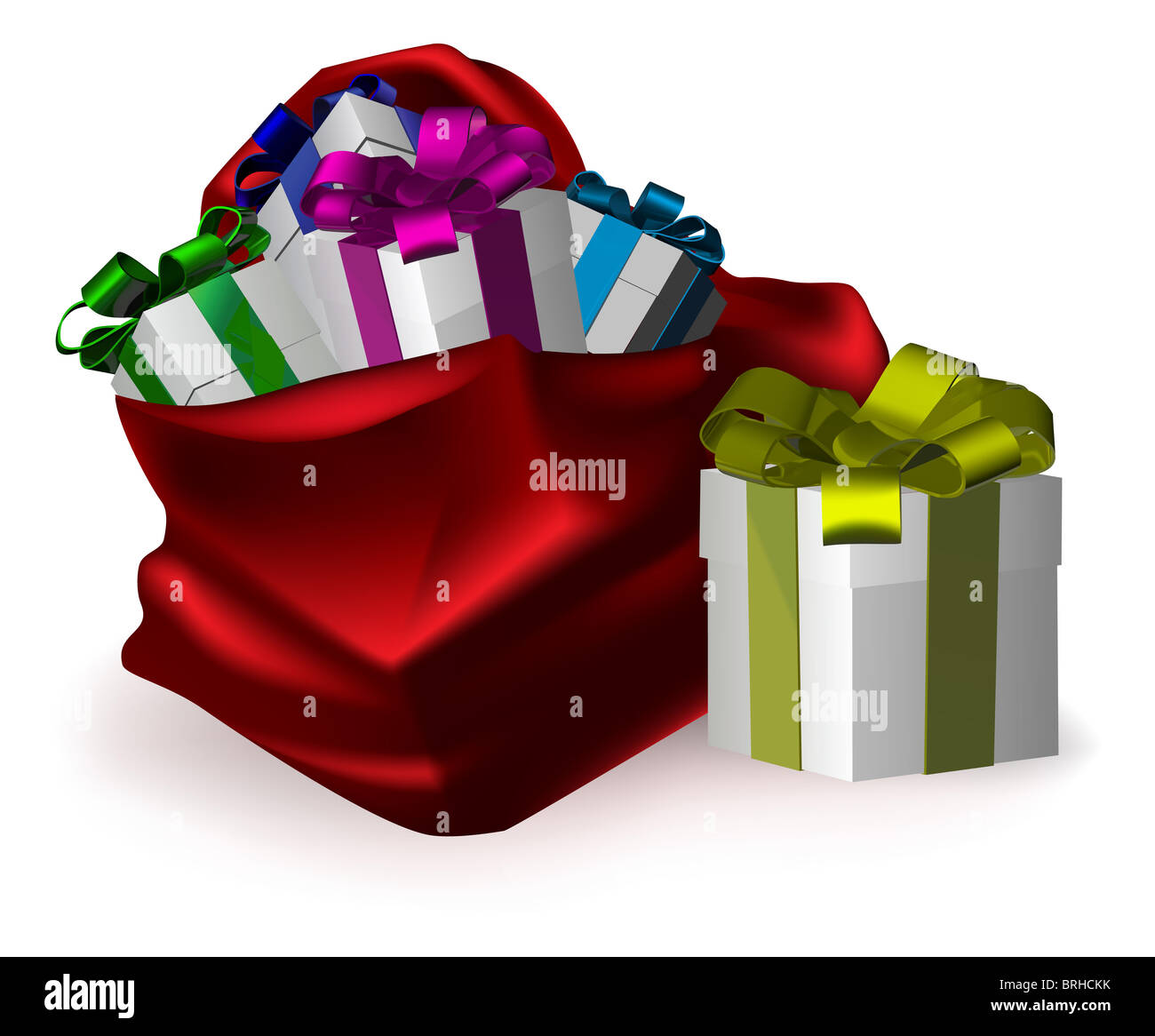 an illustration of gifts bursting from a festive red sack Stock Photo ...
