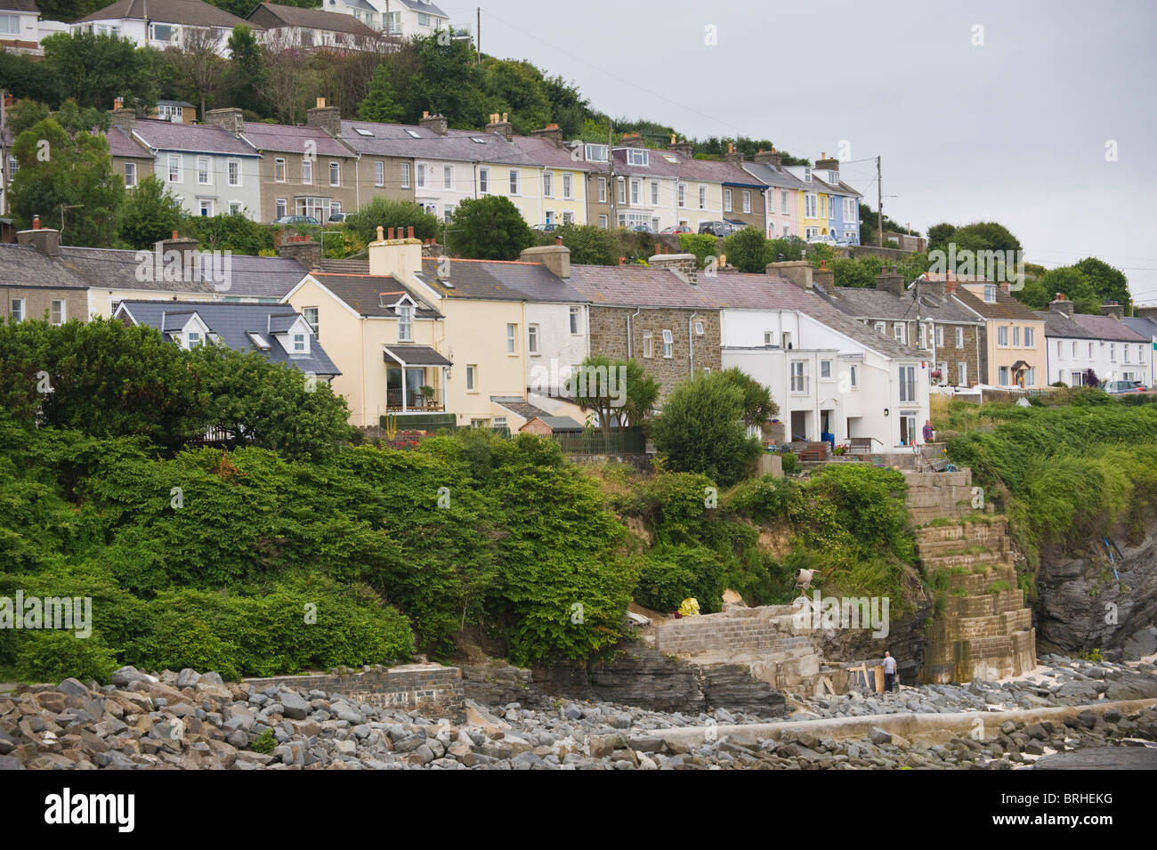 Terraced cottages on hillside overlooking the Welsh seaside holiday