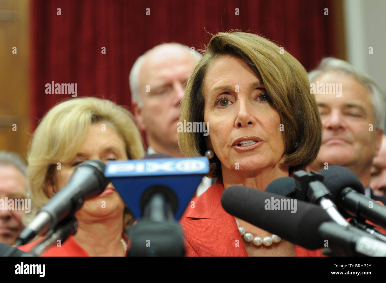 House Speaker Nancy Pelosi at a press conference after the James Zadroga 9/11 Health and Compensation Act passed the House. Stock Photo