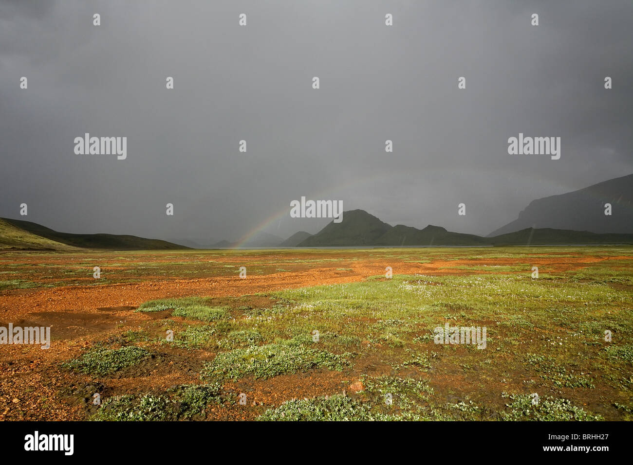 Iceland landscape with rain and rainbow Stock Photo