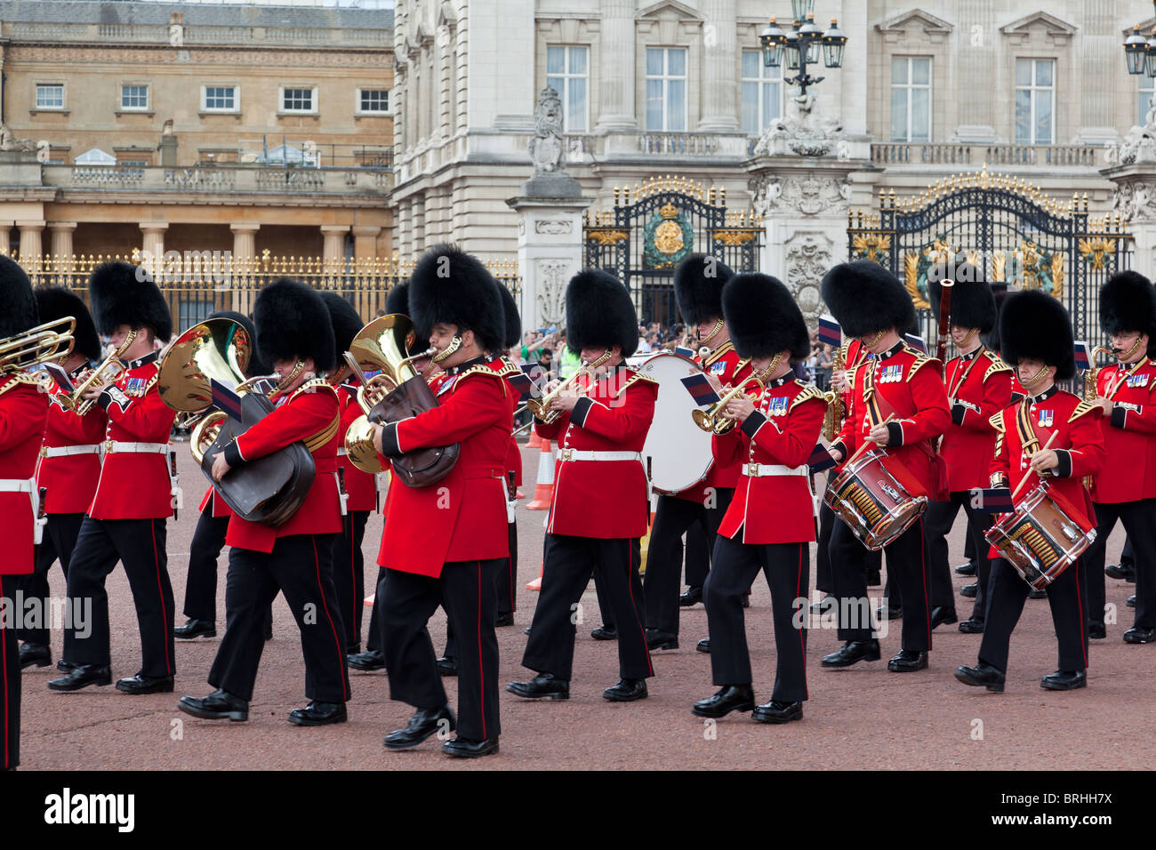 Queens Guard Band March Outside Buckingham Palace During Changing Of