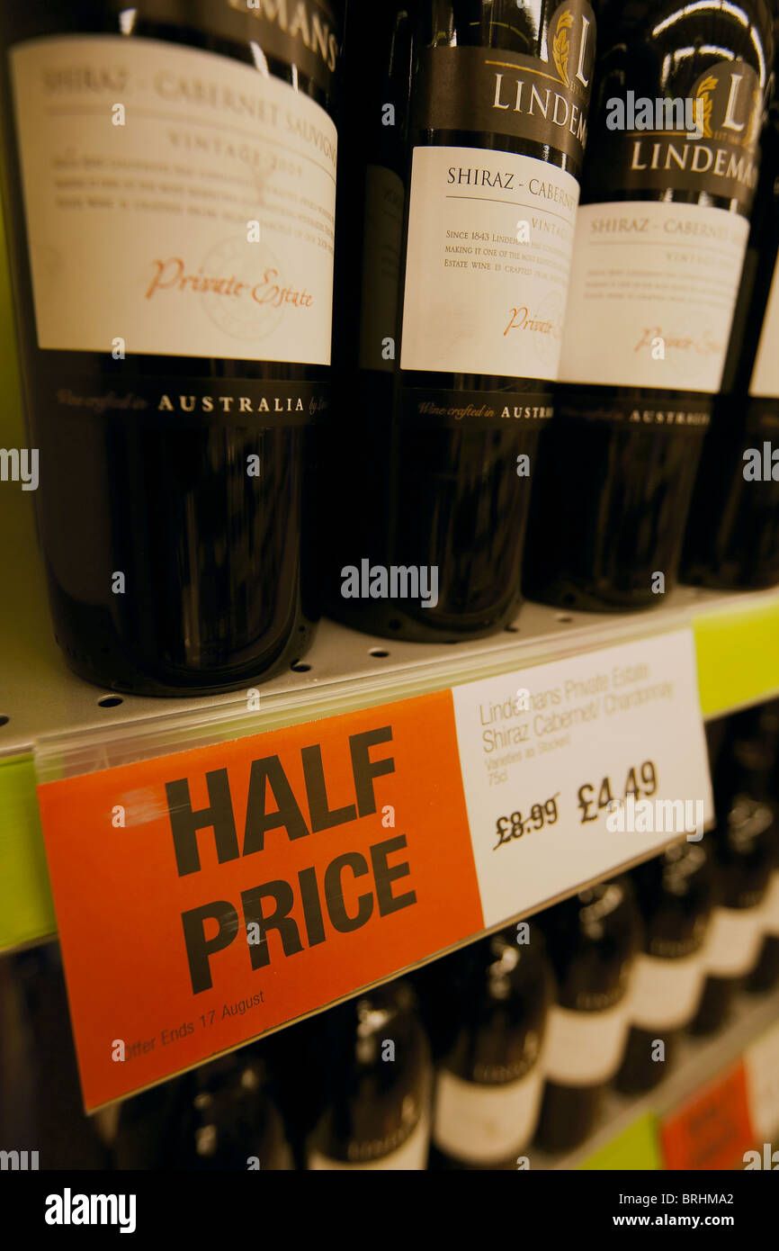 Cheap alcohol half price bottles of wine for sale in a supermarker, UK Stock Photo