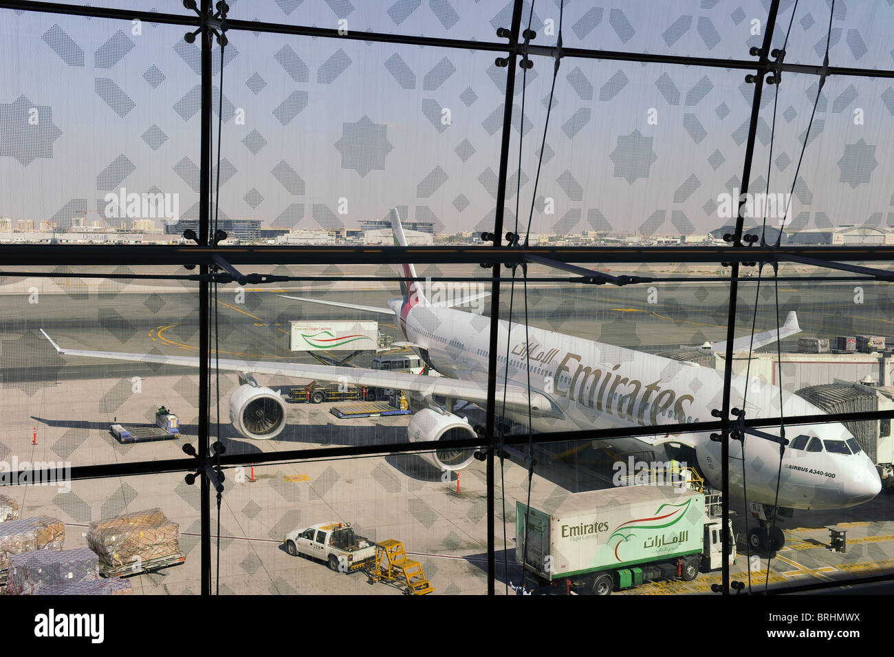 UAE United arab Emirates , Airbus A340-500 at airport terminal Dubai Stock Photo