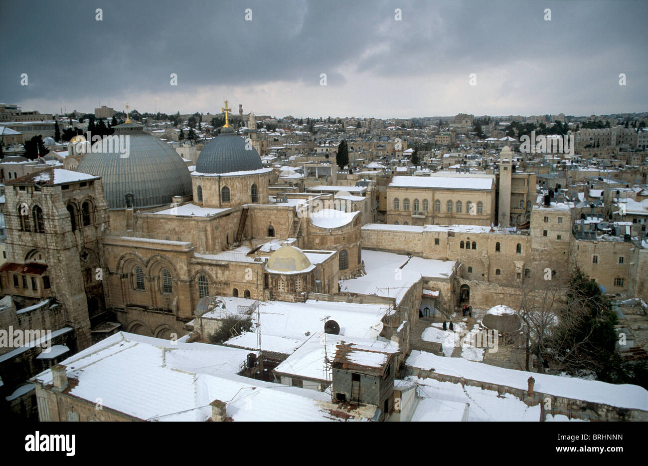 Israel, Snow over the Old City of Jerusalem, the Church of the Holy ...