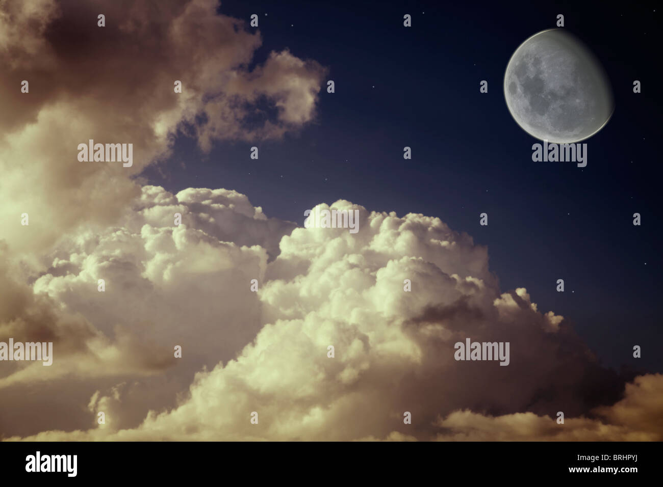 moon and stars in the night blue sky with beautiful clouds Stock Photo ...