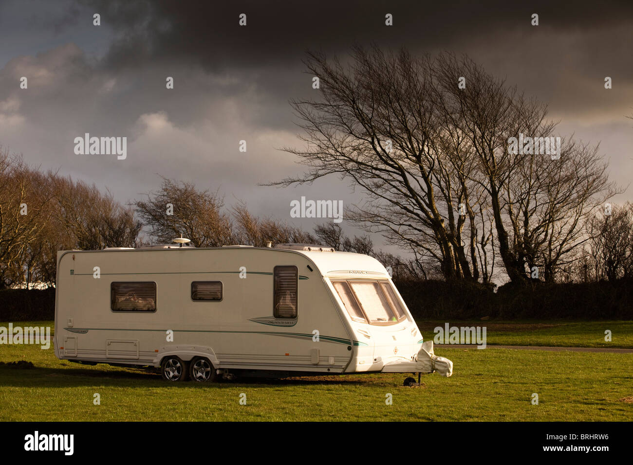 A single caravan in an empty caravan park, Barnstaple, UK Stock Photo