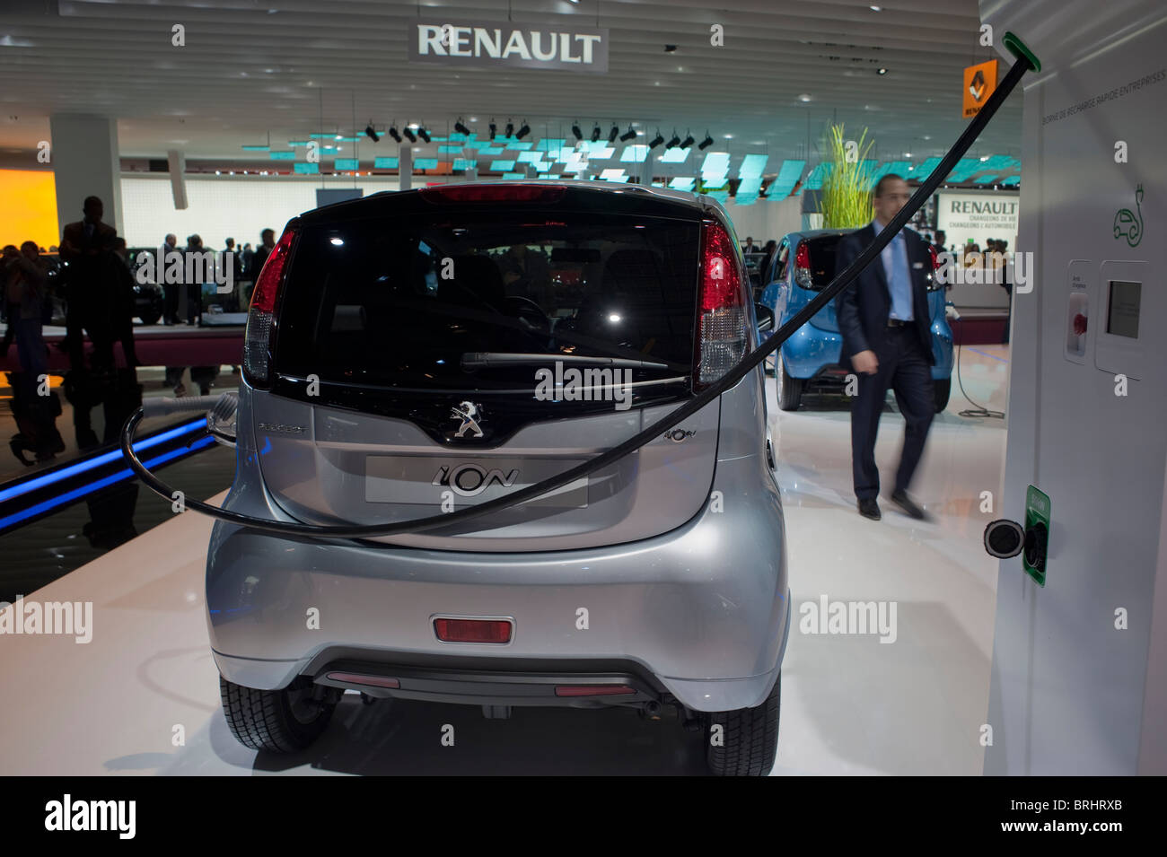 Paris, France, Display, Rear, Paris Car Show , Electric Cars, for sale, Peugeot, Ion, Rear, electric car charging station france Stock Photo
