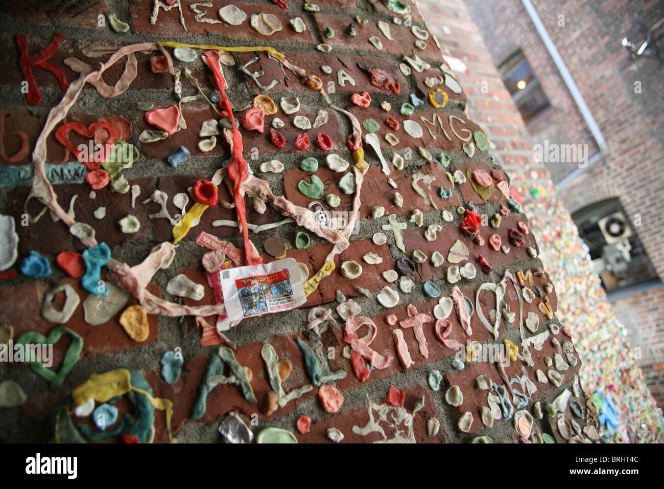 The gum wall in Seattle's Post Alley section of Pike Place Market. Stock Photo